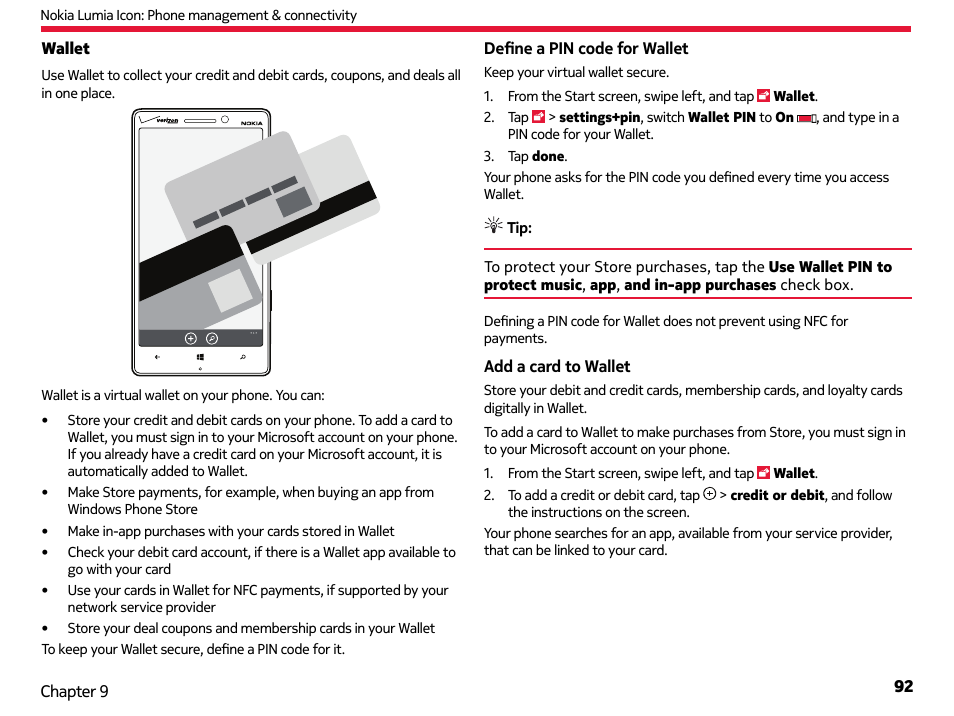 Wallet | Nokia Lumia Icon User Manual | Page 92 / 102