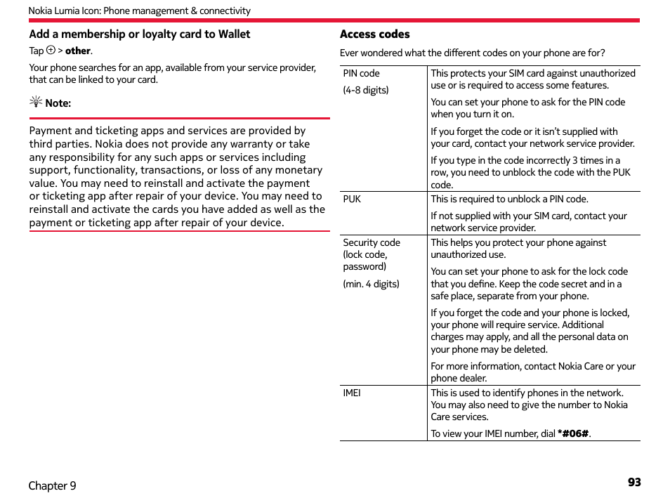 Access codes | Nokia Lumia Icon User Manual | Page 93 / 102