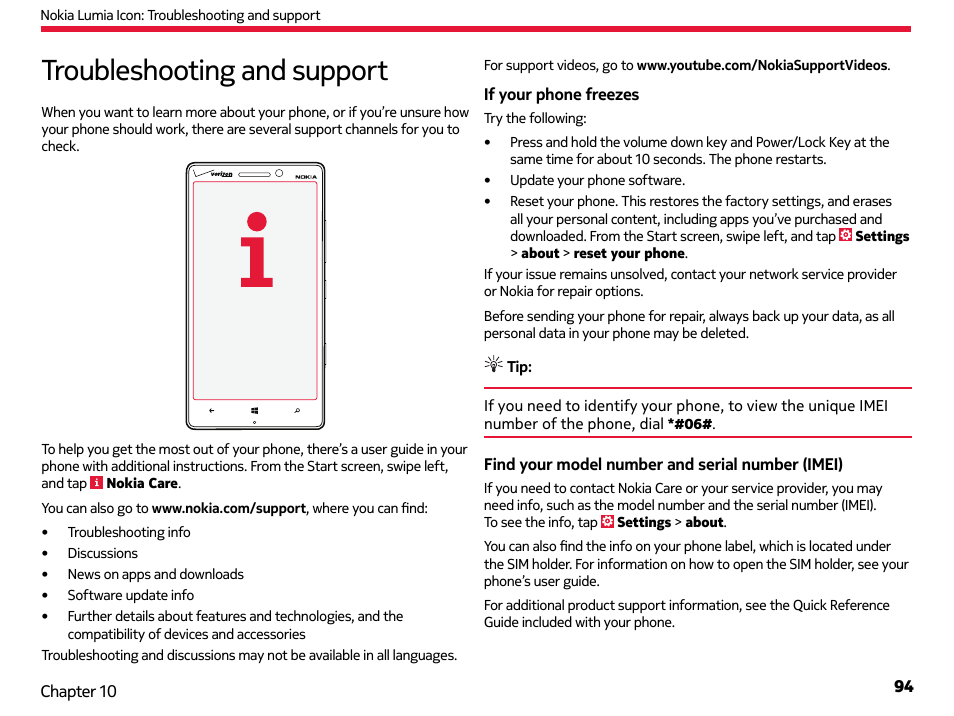 Troubleshooting and support | Nokia Lumia Icon User Manual | Page 94 / 102