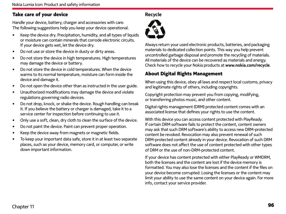 Take care of your device, About digital rights management | Nokia Lumia Icon User Manual | Page 96 / 102
