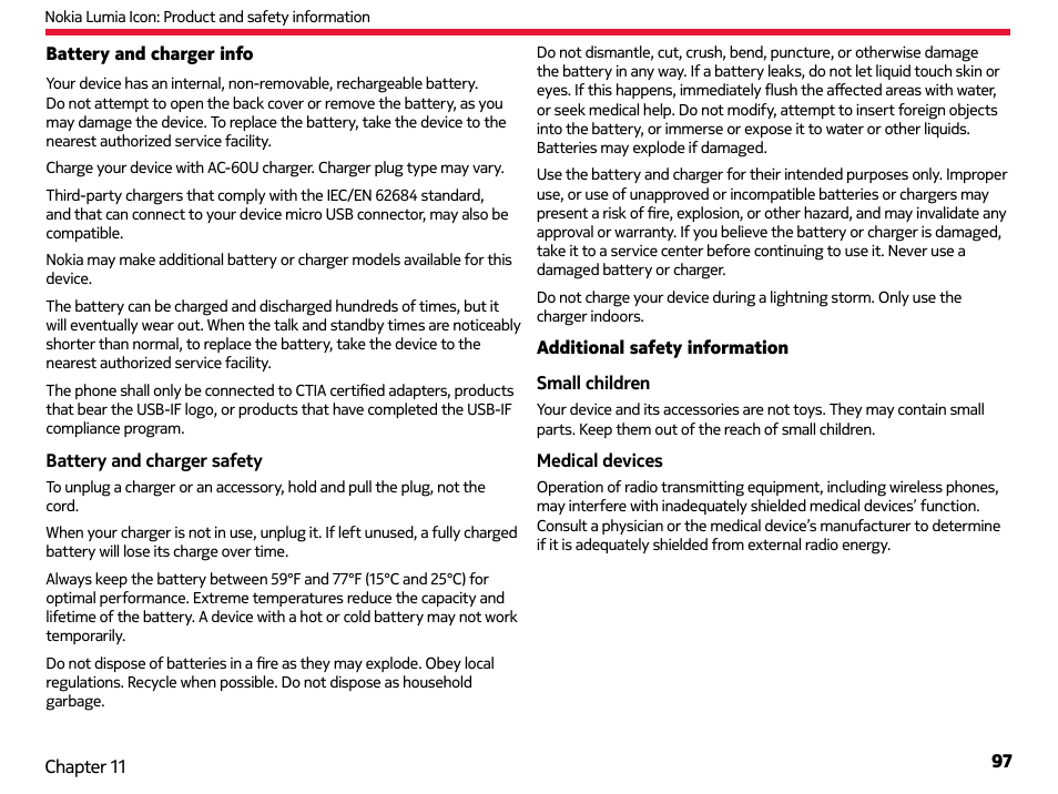 Battery and charger info, Additional safety information | Nokia Lumia Icon User Manual | Page 97 / 102