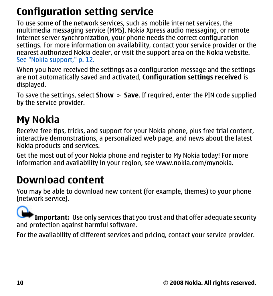 Configuration setting service, My nokia, Download content | Nokia 7510 Supernova User Manual | Page 10 / 160