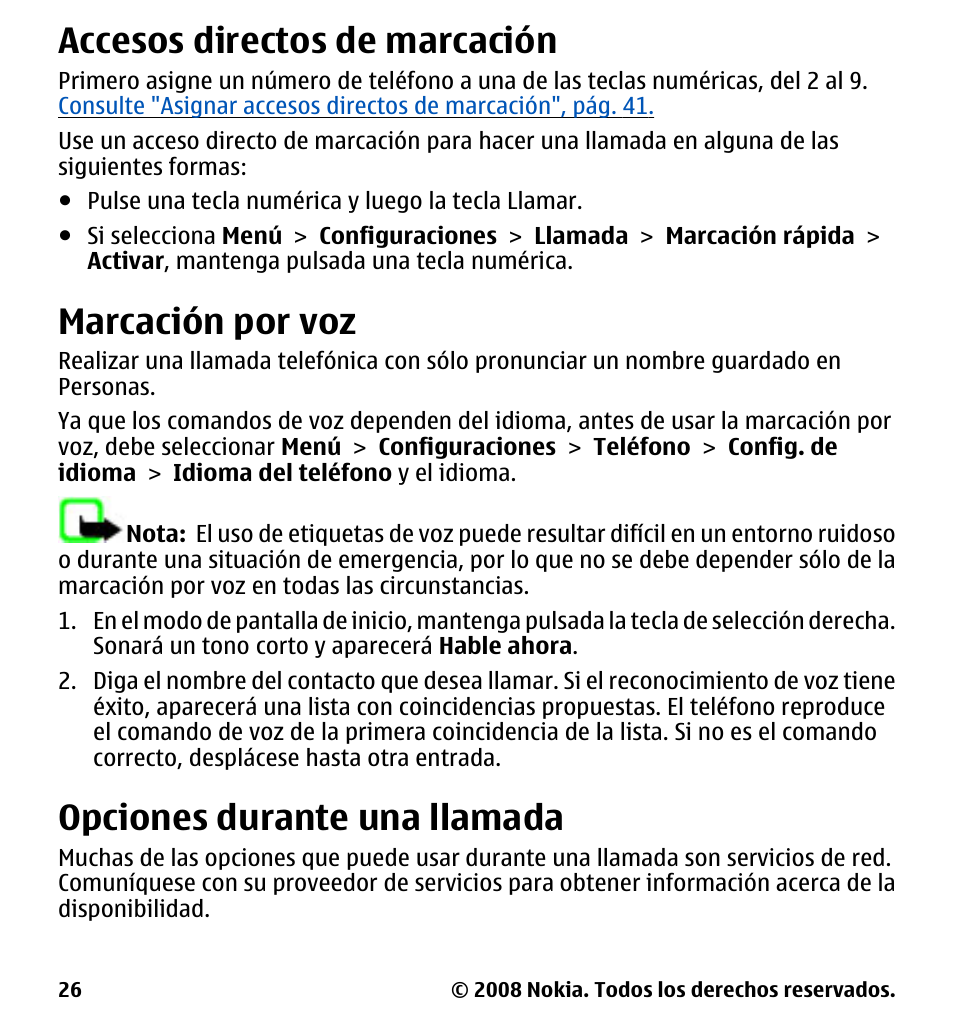 Accesos directos de marcación, Marcación por voz, Opciones durante una llamada | Nokia 7510 Supernova User Manual | Page 103 / 160