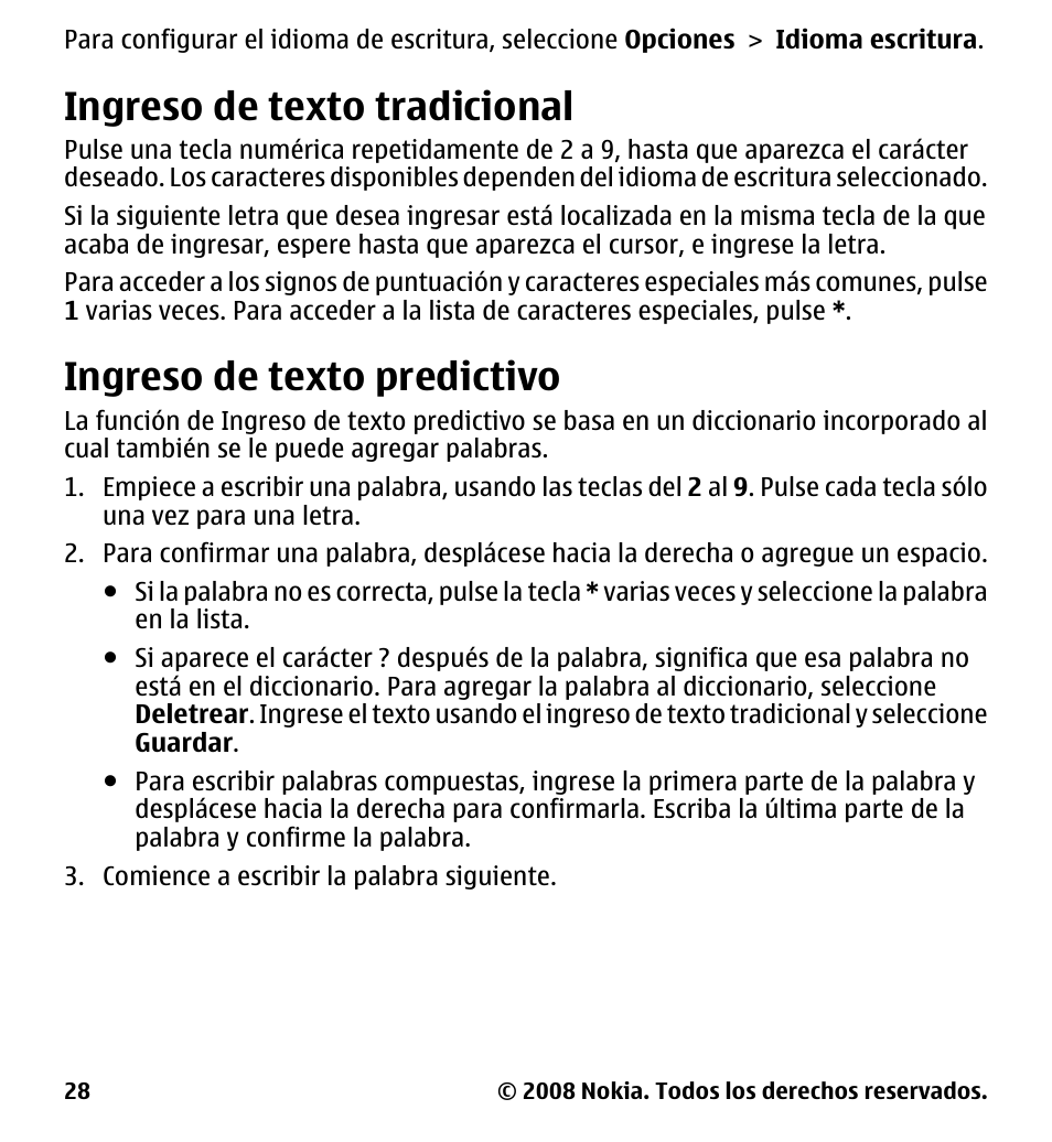 Ingreso de texto tradicional, Ingreso de texto predictivo | Nokia 7510 Supernova User Manual | Page 105 / 160