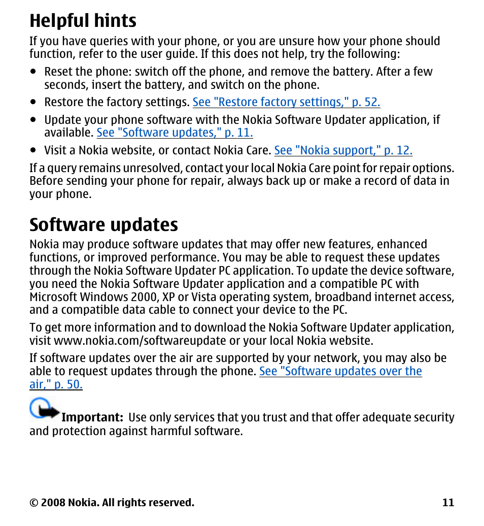Helpful hints, Software updates | Nokia 7510 Supernova User Manual | Page 11 / 160
