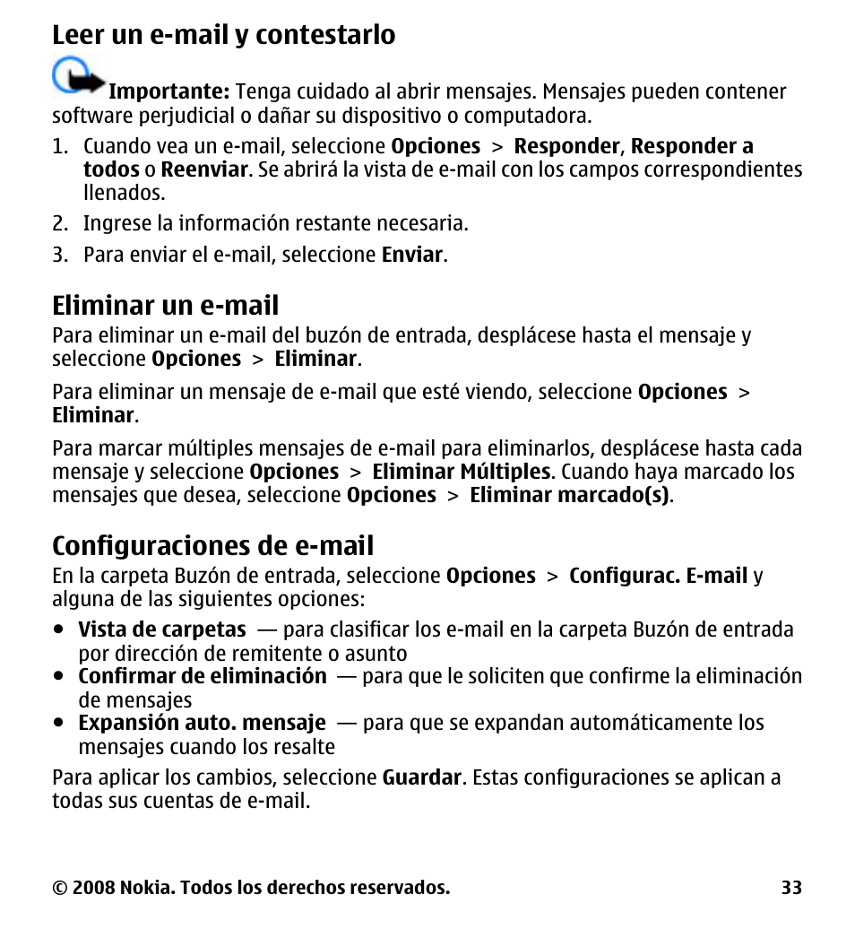 Leer un e-mail y contestarlo, Eliminar un e-mail, Configuraciones de e-mail | Nokia 7510 Supernova User Manual | Page 110 / 160