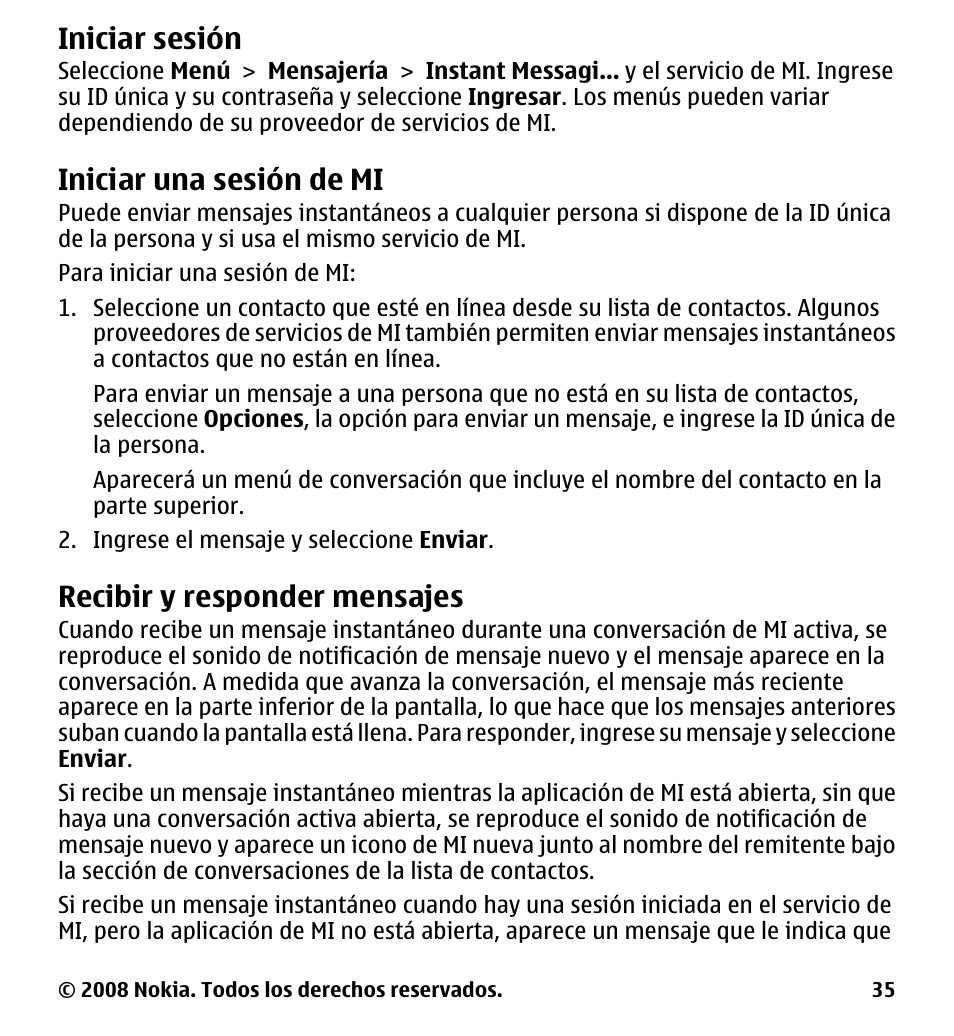 Iniciar sesión, Iniciar una sesión de mi, Recibir y responder mensajes | Nokia 7510 Supernova User Manual | Page 112 / 160