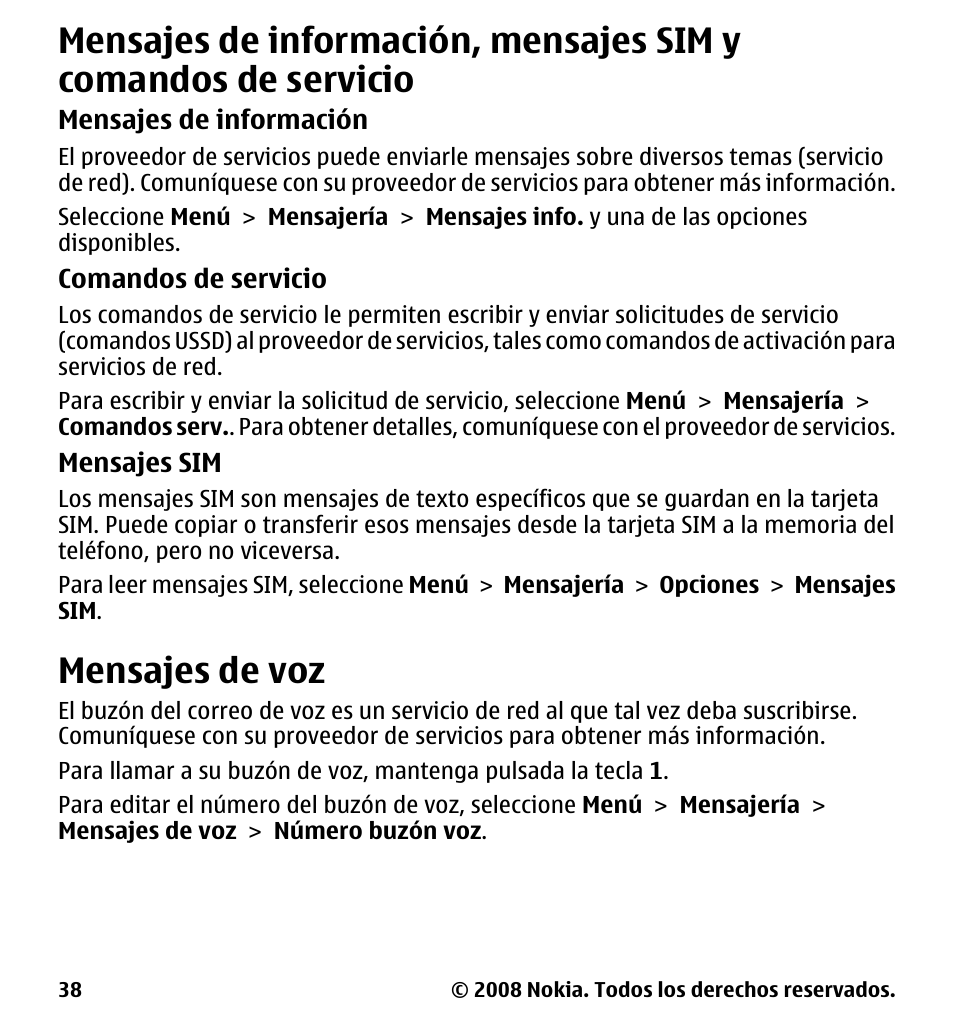 Mensajes de voz, Mensajes de información, mensajes, Sim y comandos de servicio | Nokia 7510 Supernova User Manual | Page 115 / 160