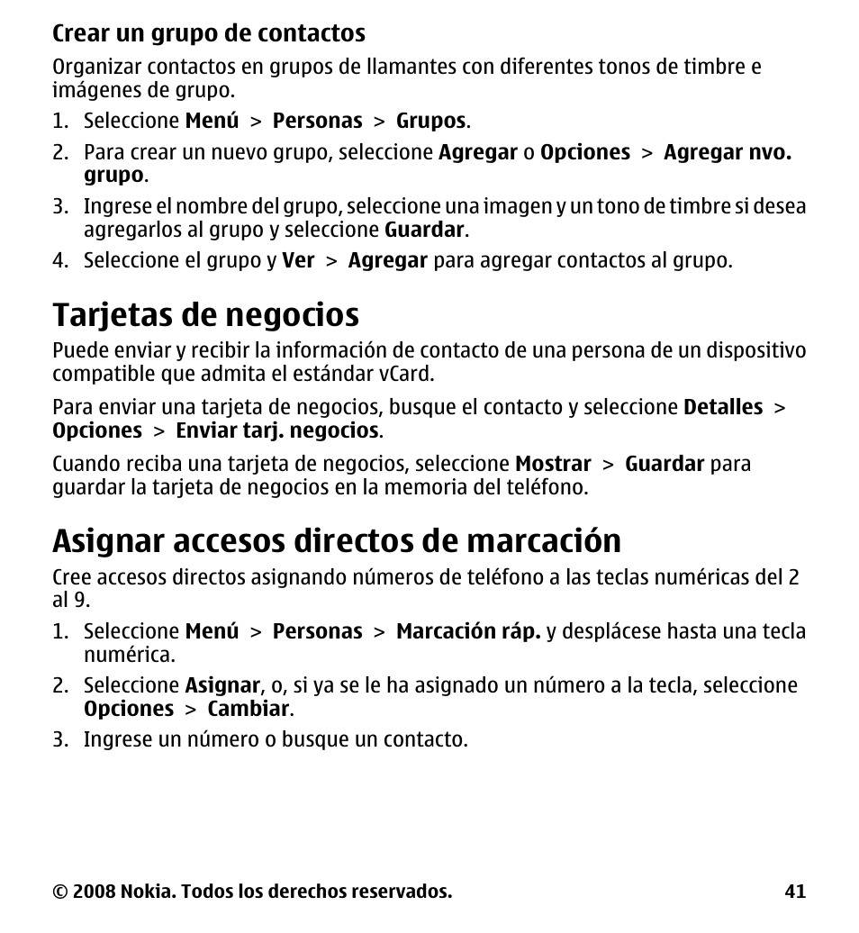Tarjetas de negocios, Asignar accesos directos de marcación, Asignar accesos directos de | Marcación | Nokia 7510 Supernova User Manual | Page 118 / 160