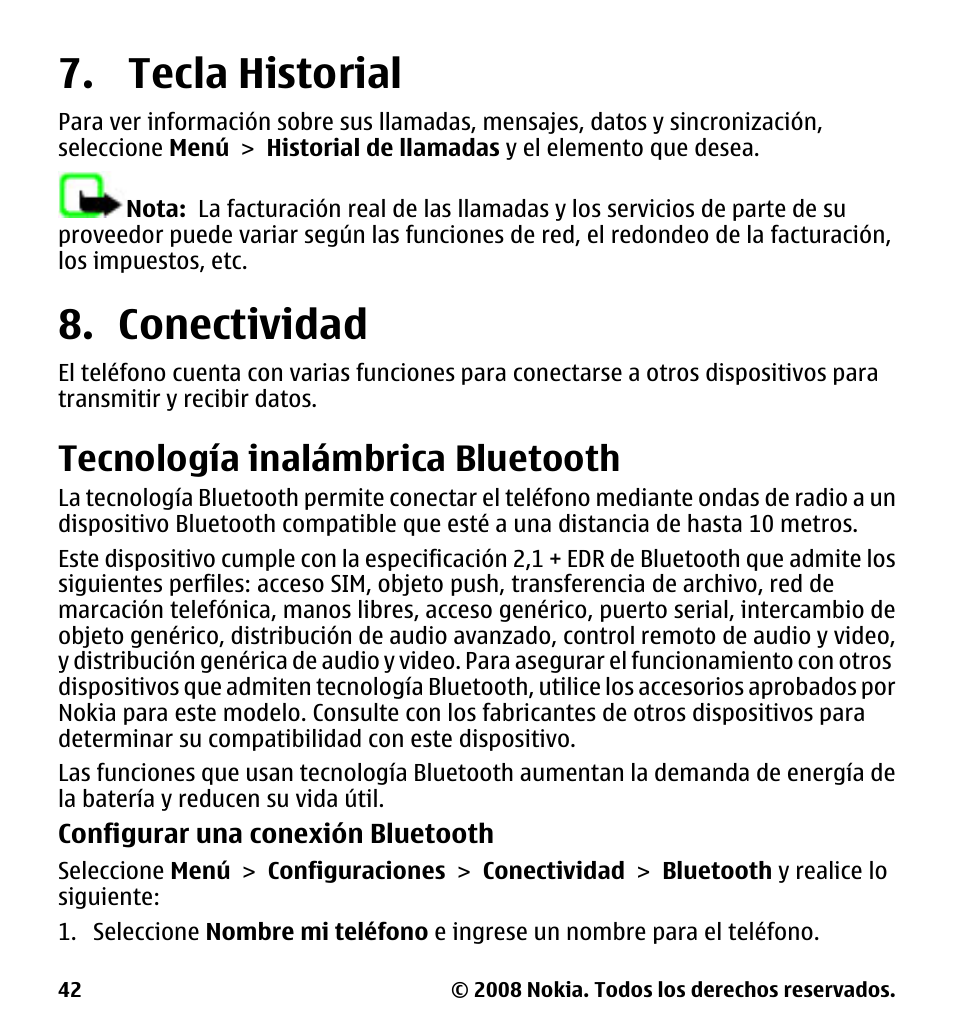 Tecla historial, Conectividad, Tecnología inalámbrica bluetooth | Tecla historial 8. conectividad, Tecnología inalámbrica, Bluetooth | Nokia 7510 Supernova User Manual | Page 119 / 160