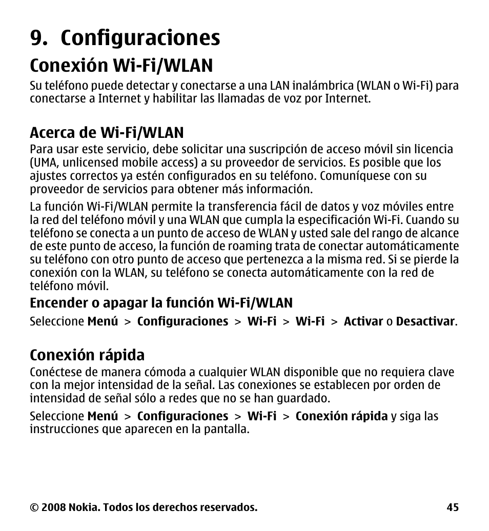 Configuraciones, Conexión wi-fi/wlan, Acerca de wi-fi/wlan | Conexión rápida, R internet, Consulte "conexión wi-fi/wlan", pág. 45 | Nokia 7510 Supernova User Manual | Page 122 / 160