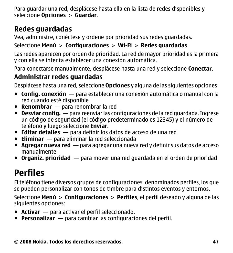 Redes guardadas, Perfiles | Nokia 7510 Supernova User Manual | Page 124 / 160
