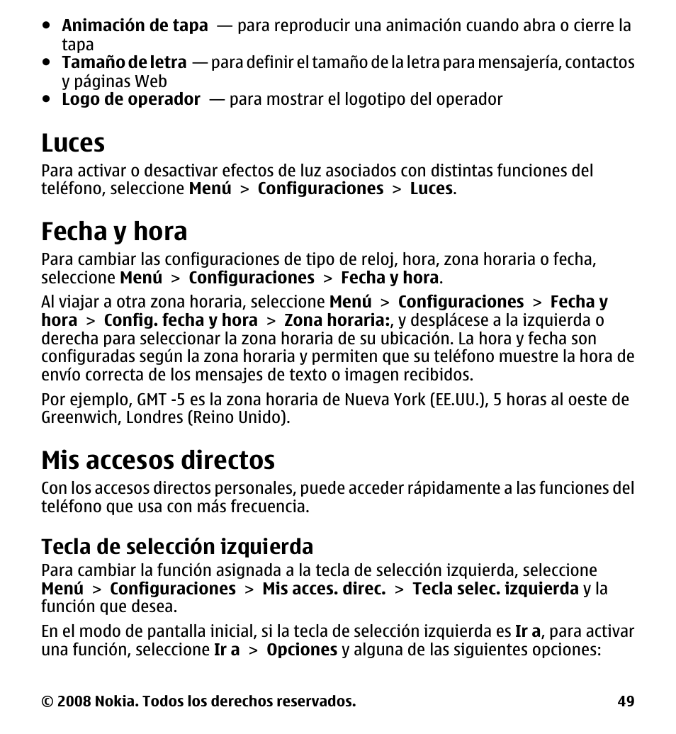 Luces, Fecha y hora, Mis accesos directos | Tecla de selección izquierda, Consulte "fecha y, Hora", pág. 49 | Nokia 7510 Supernova User Manual | Page 126 / 160