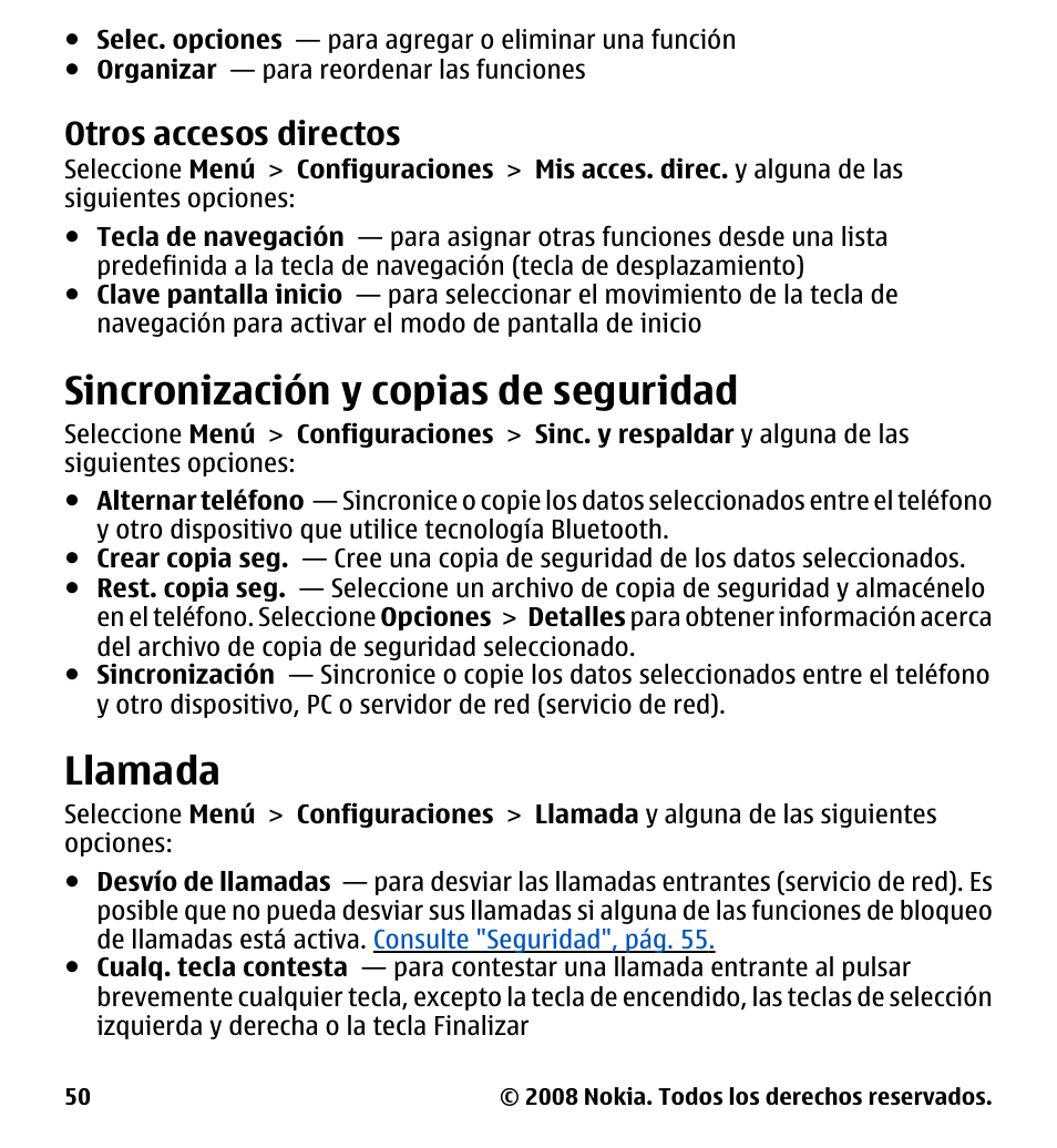 Otros accesos directos, Sincronización y copias de seguridad, Llamada | Sincronización y copias de, Seguridad | Nokia 7510 Supernova User Manual | Page 127 / 160