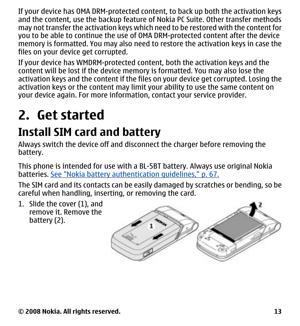 Get started, Install sim card and battery | Nokia 7510 Supernova User Manual | Page 13 / 160