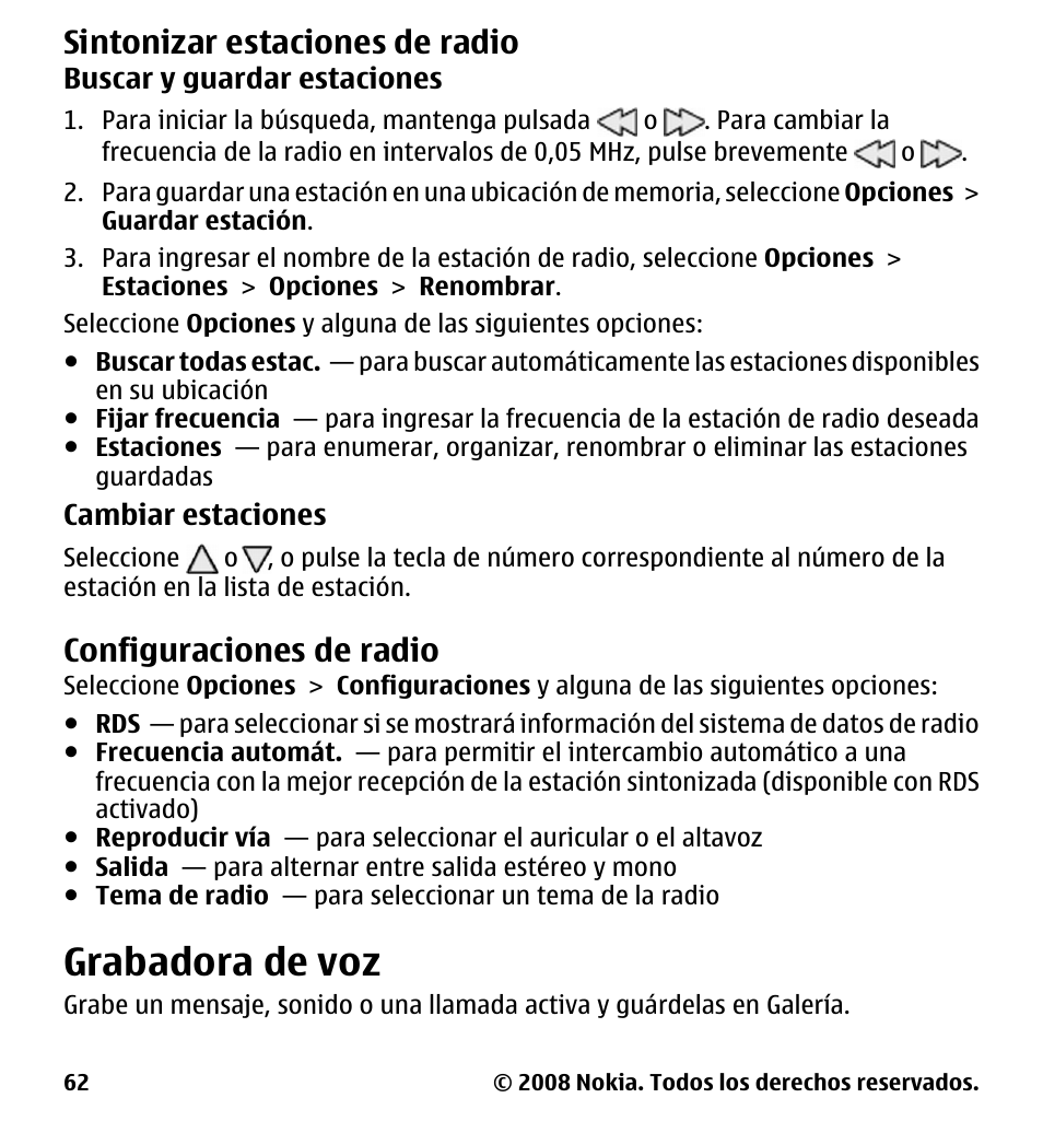 Sintonizar estaciones de radio, Configuraciones de radio, Grabadora de voz | Sintonizar estaciones de, Radio | Nokia 7510 Supernova User Manual | Page 139 / 160