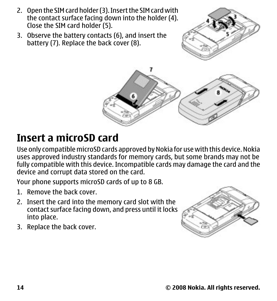 Insert a microsd card | Nokia 7510 Supernova User Manual | Page 14 / 160