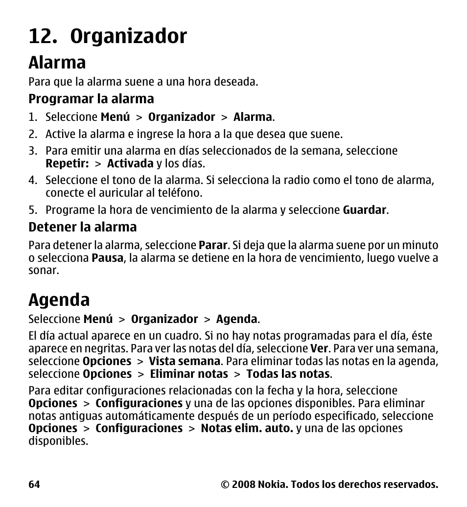 Organizador, Alarma, Agenda | Nokia 7510 Supernova User Manual | Page 141 / 160