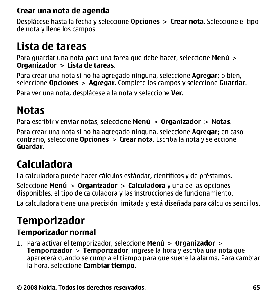 Lista de tareas, Notas, Calculadora | Temporizador | Nokia 7510 Supernova User Manual | Page 142 / 160