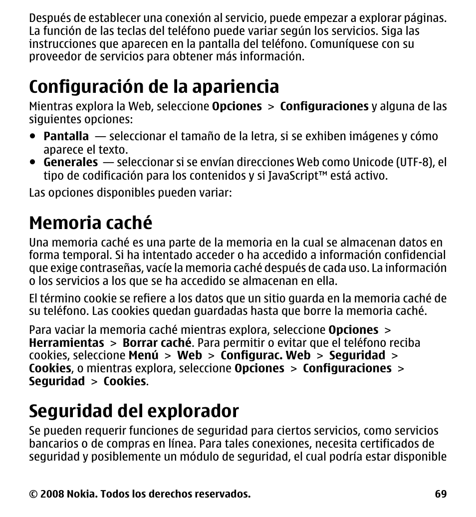 Configuración de la apariencia, Memoria caché, Seguridad del explorador | Consulte "seguridad del, Explorador", pág. 69 | Nokia 7510 Supernova User Manual | Page 146 / 160