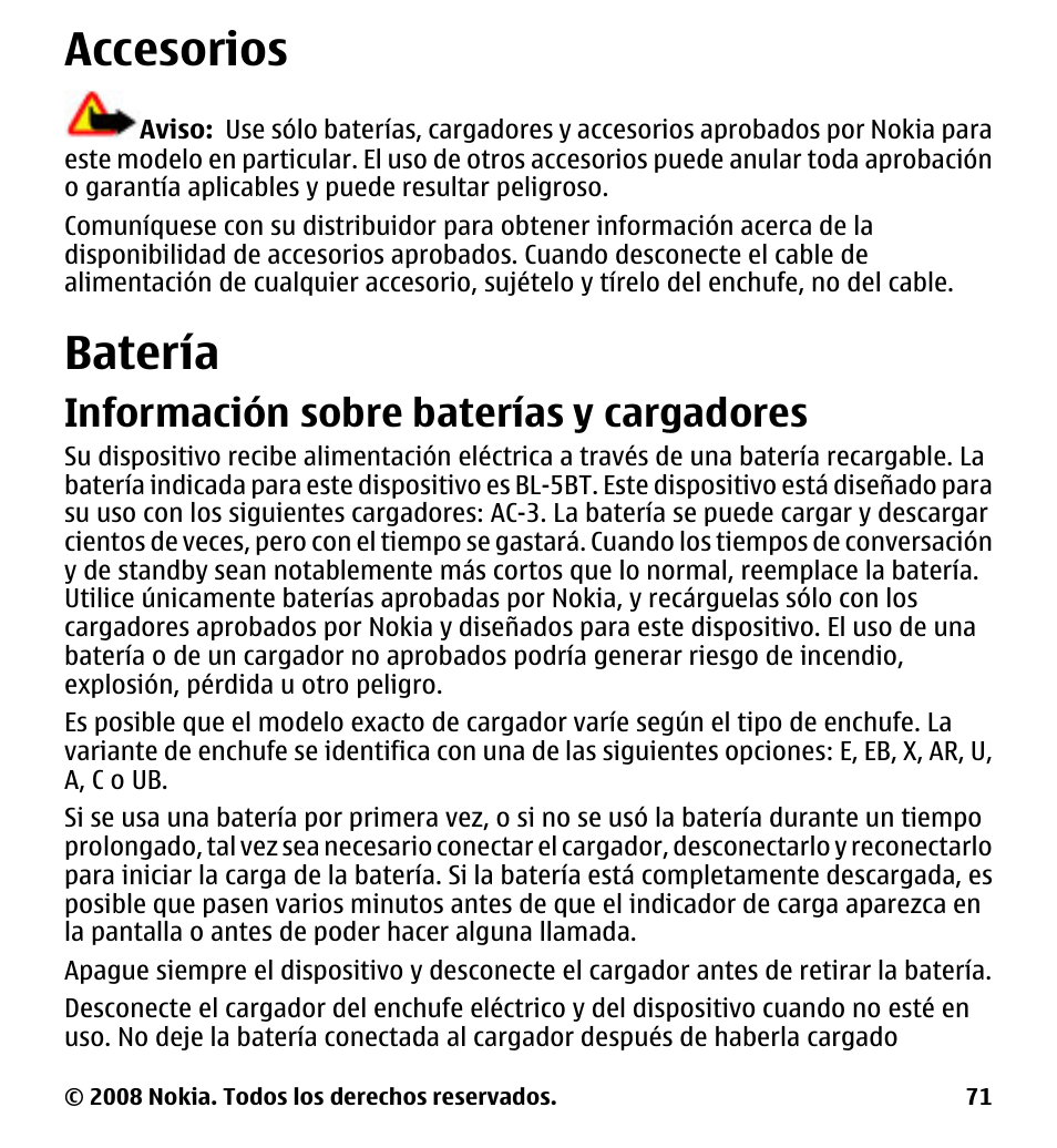 Accesorios, Batería, Información sobre baterías y cargadores | Accesorios batería, Información sobre baterías y, Cargadores | Nokia 7510 Supernova User Manual | Page 148 / 160