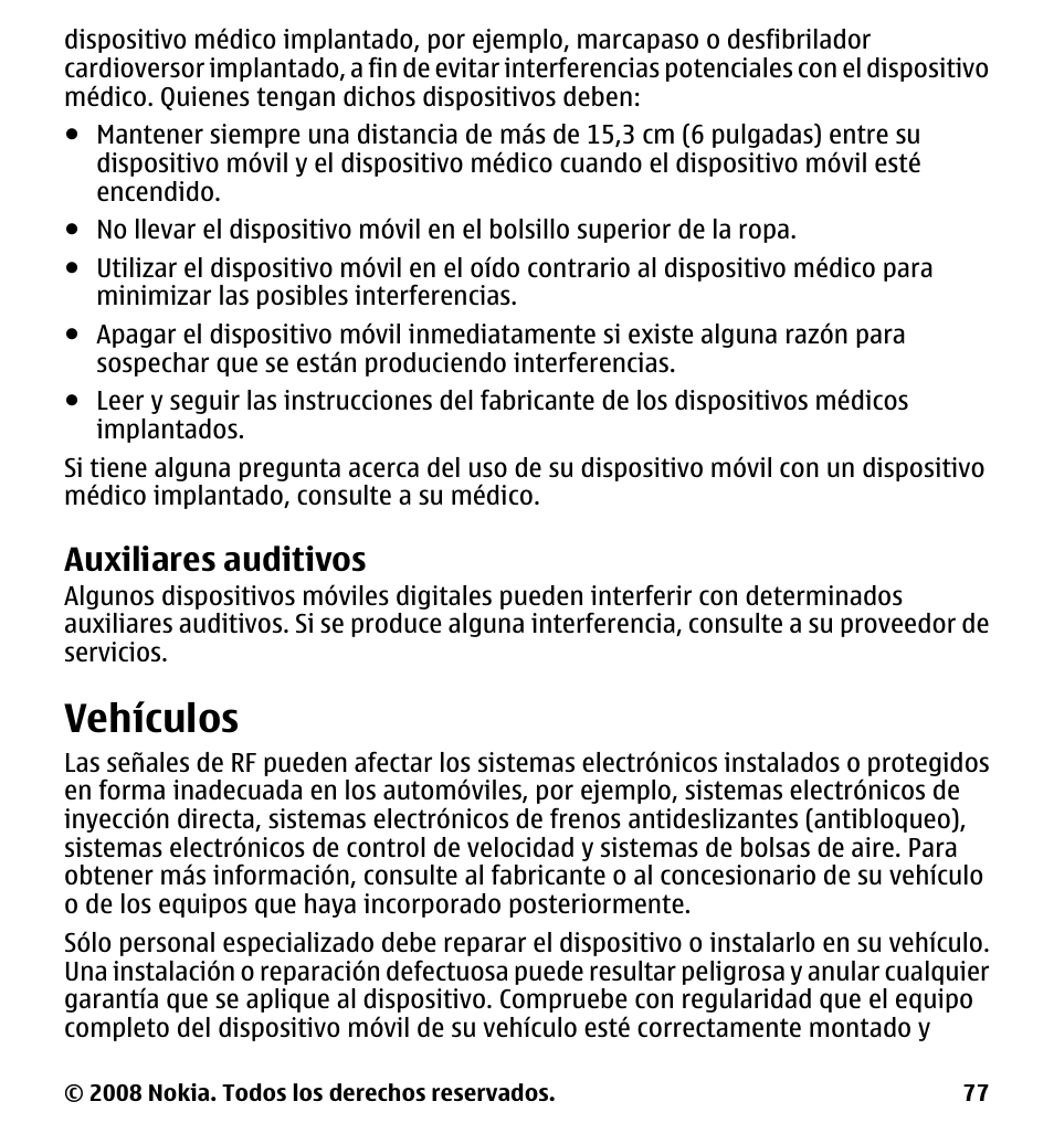 Auxiliares auditivos, Vehículos | Nokia 7510 Supernova User Manual | Page 154 / 160