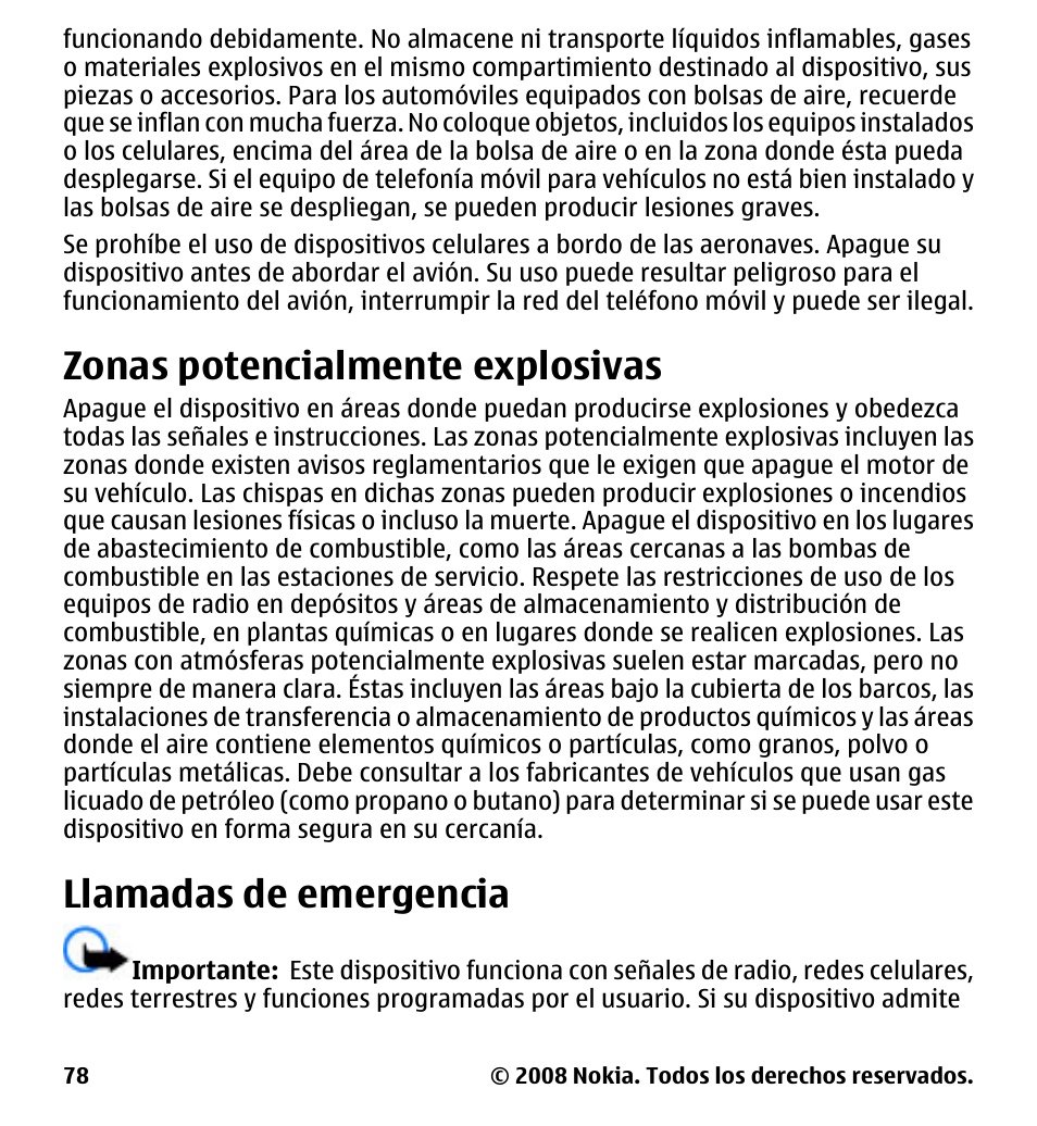 Zonas potencialmente explosivas, Llamadas de emergencia, Zonas potencialmente | Explosivas | Nokia 7510 Supernova User Manual | Page 155 / 160