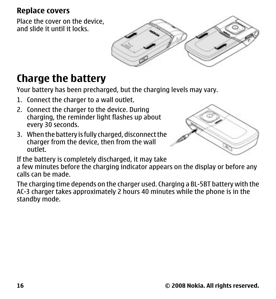 Charge the battery | Nokia 7510 Supernova User Manual | Page 16 / 160