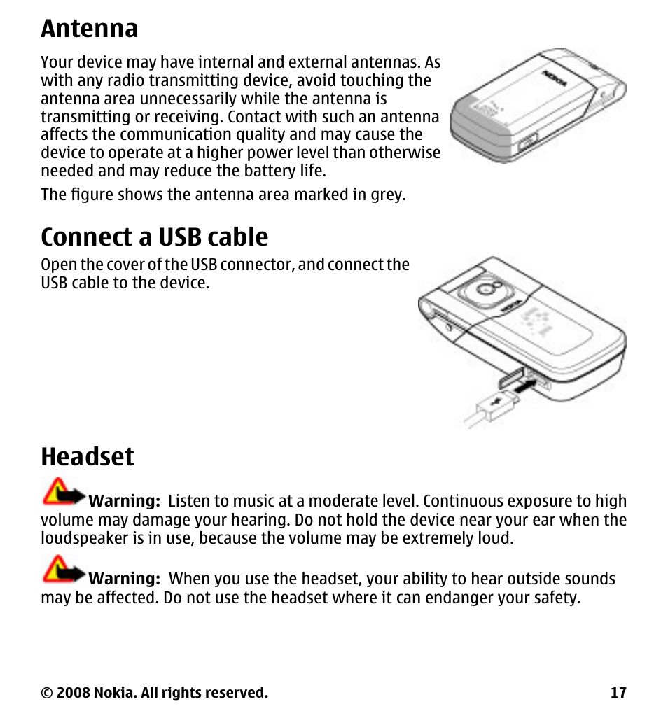Antenna, Connect a usb cable, Headset | Nokia 7510 Supernova User Manual | Page 17 / 160