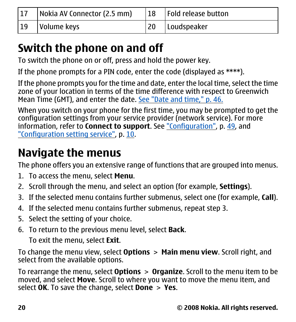 Switch the phone on and off, Navigate the menus | Nokia 7510 Supernova User Manual | Page 20 / 160