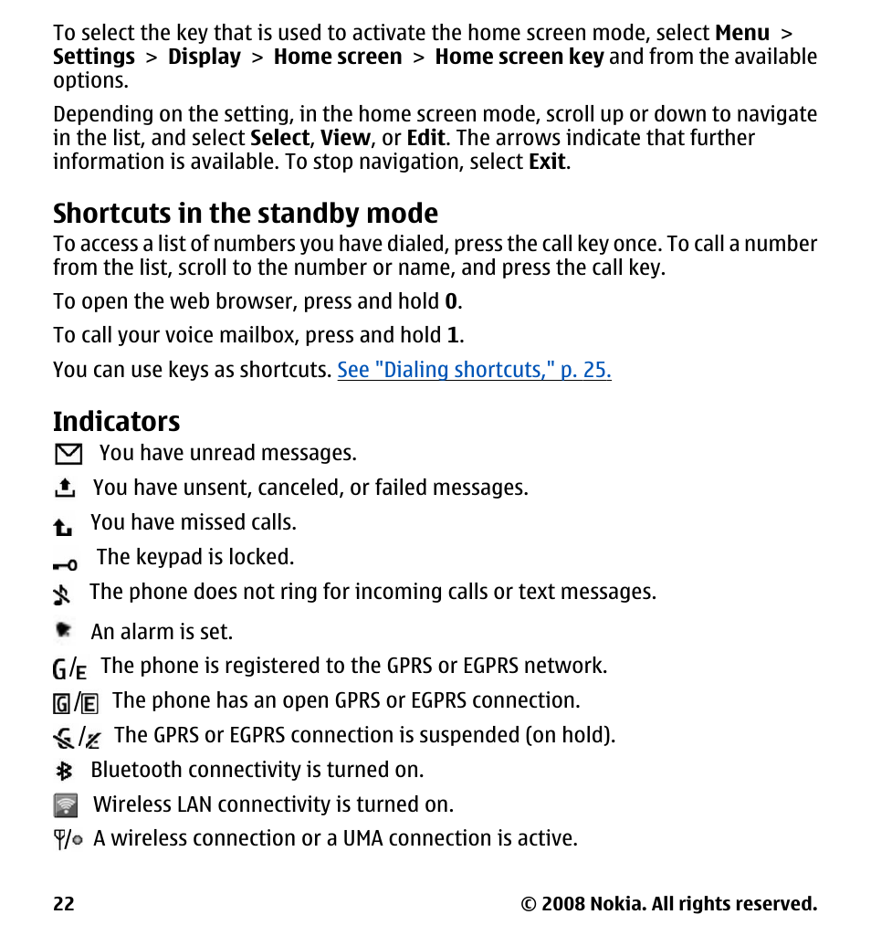 Shortcuts in the standby mode, Indicators, Shortcuts in the standby | Mode | Nokia 7510 Supernova User Manual | Page 22 / 160