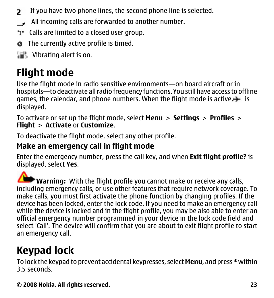 Flight mode, Keypad lock | Nokia 7510 Supernova User Manual | Page 23 / 160