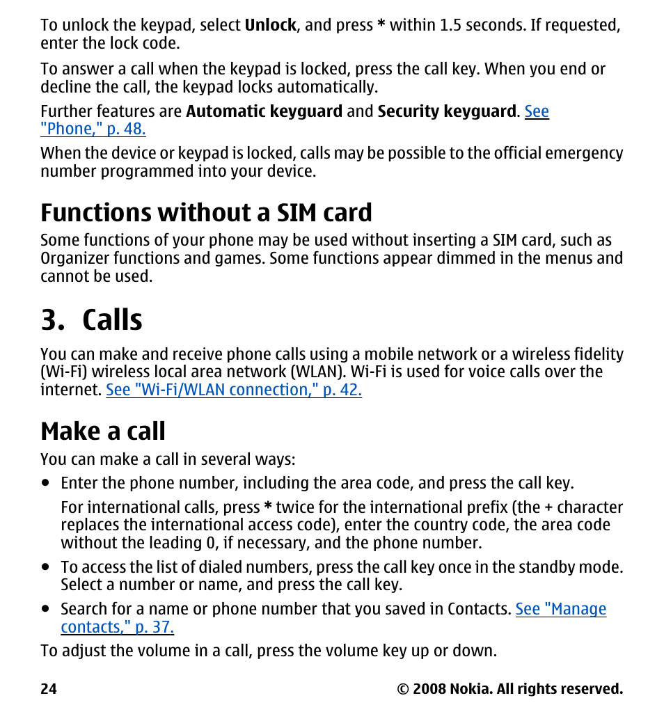 Functions without a sim card, Calls, Make a call | Nokia 7510 Supernova User Manual | Page 24 / 160