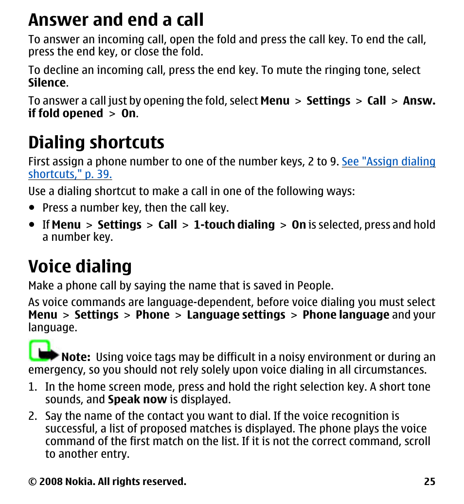 Answer and end a call, Dialing shortcuts, Voice dialing | Nokia 7510 Supernova User Manual | Page 25 / 160