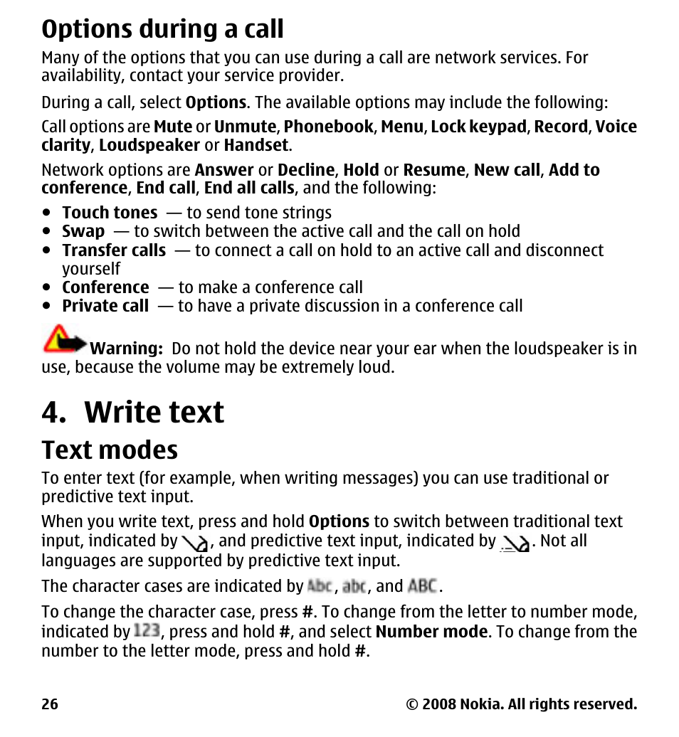 Options during a call, Write text, Text modes | Nokia 7510 Supernova User Manual | Page 26 / 160