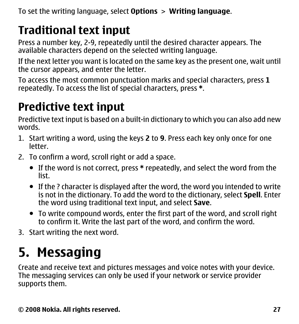 Traditional text input, Predictive text input, Messaging | Nokia 7510 Supernova User Manual | Page 27 / 160