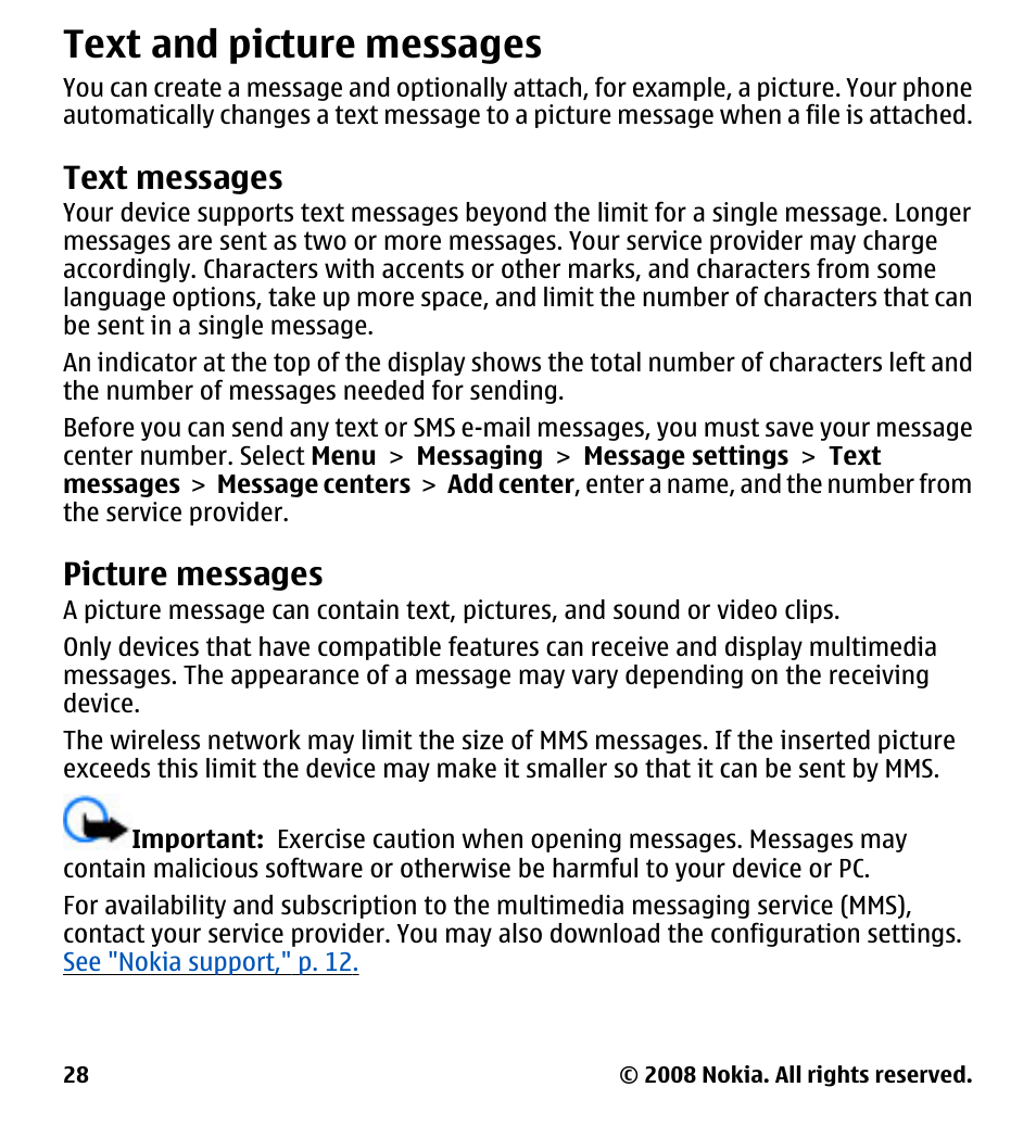 Text and picture messages, Text messages, Picture messages | Nokia 7510 Supernova User Manual | Page 28 / 160