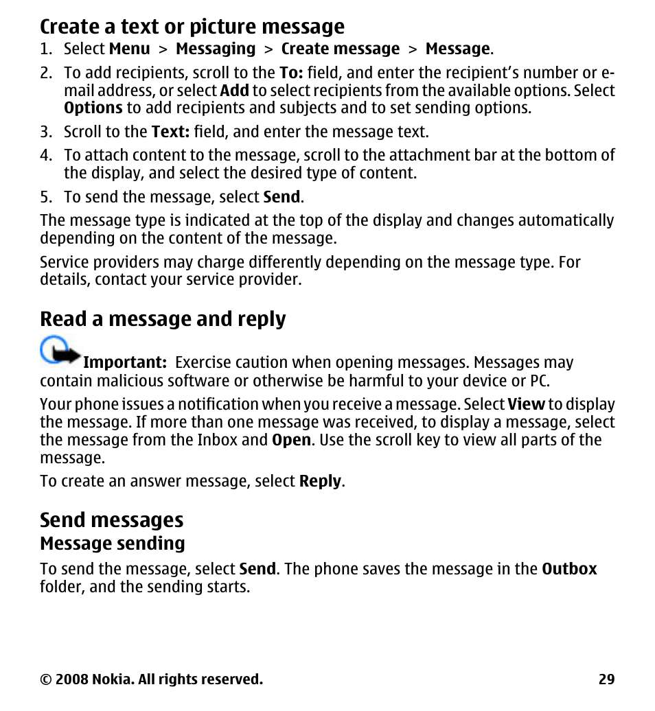Create a text or picture message, Read a message and reply, Send messages | Create a text or picture, Message | Nokia 7510 Supernova User Manual | Page 29 / 160