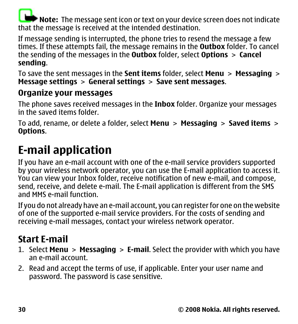 E-mail application, Start e-mail | Nokia 7510 Supernova User Manual | Page 30 / 160