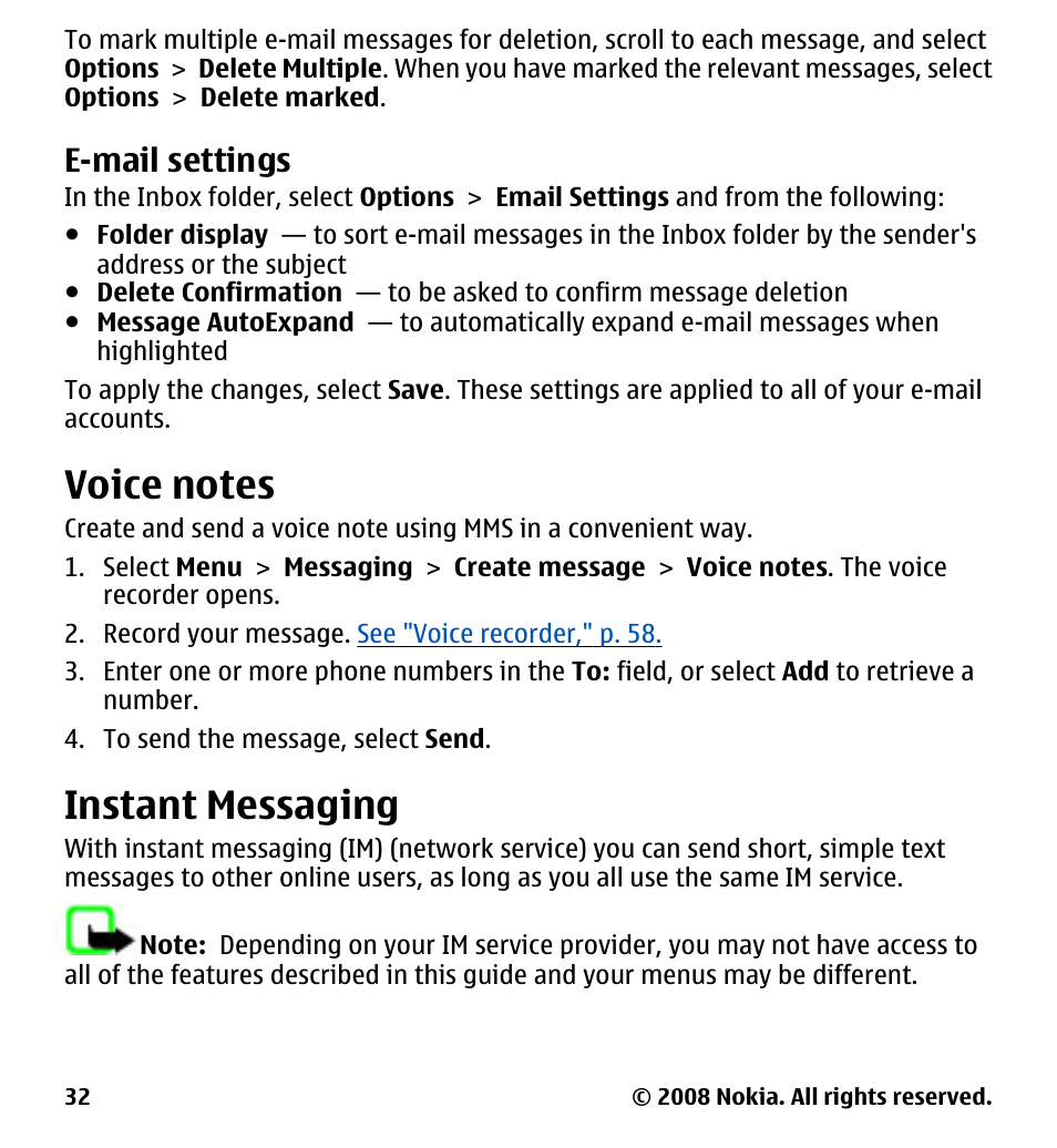 E-mail settings, Voice notes, Instant messaging | Nokia 7510 Supernova User Manual | Page 32 / 160