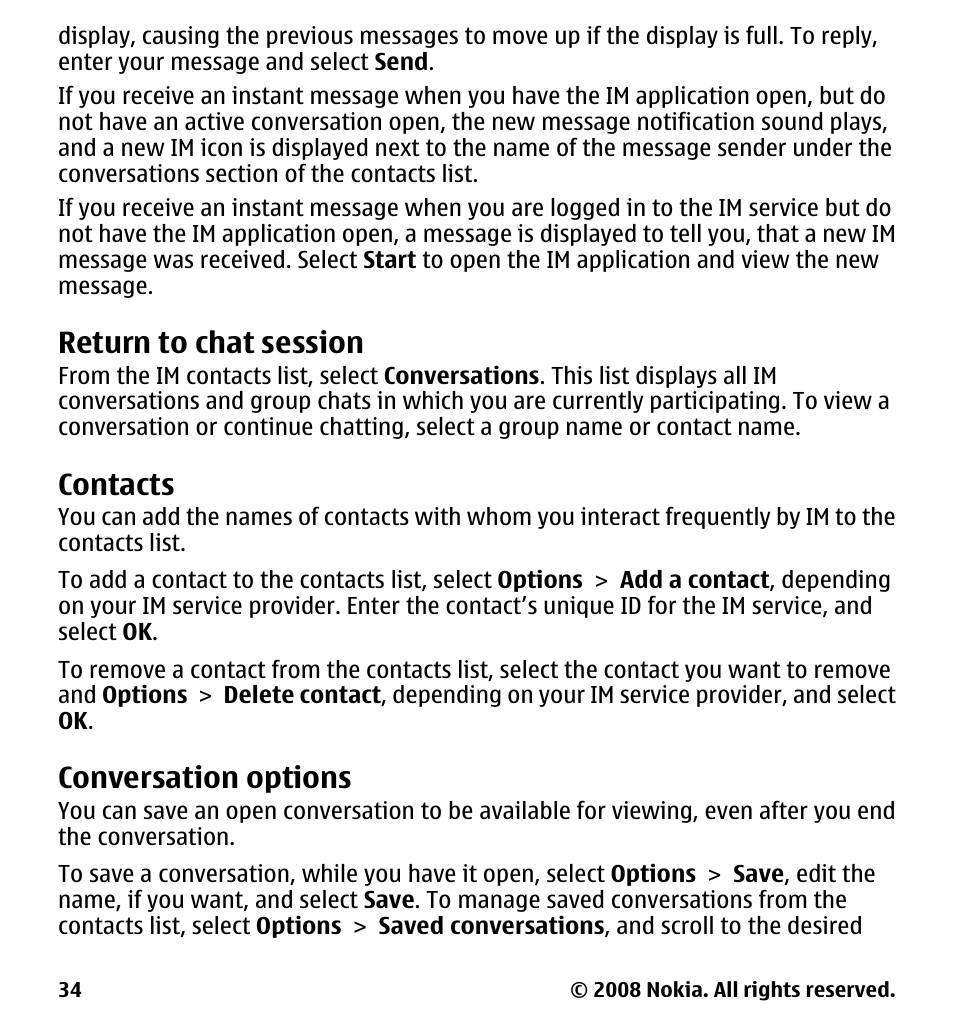 Return to chat session, Contacts, Conversation options | Nokia 7510 Supernova User Manual | Page 34 / 160