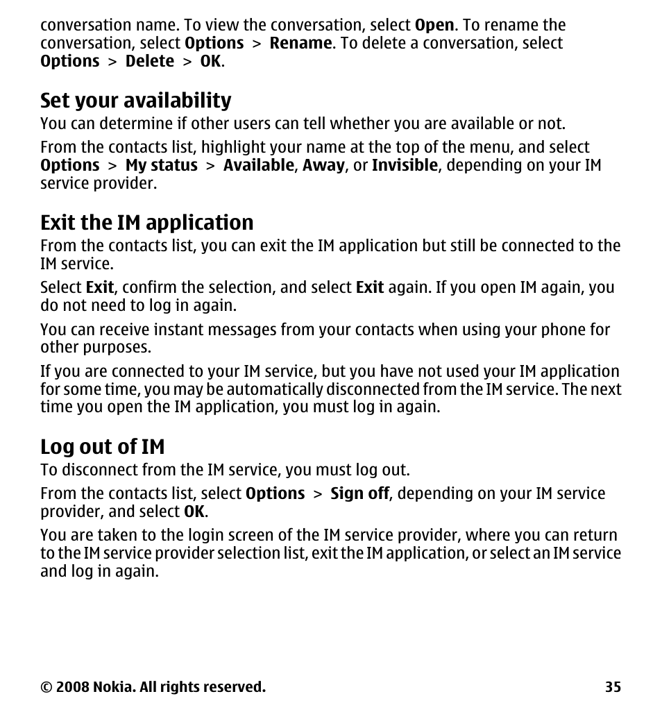 Set your availability, Exit the im application, Log out of im | Nokia 7510 Supernova User Manual | Page 35 / 160