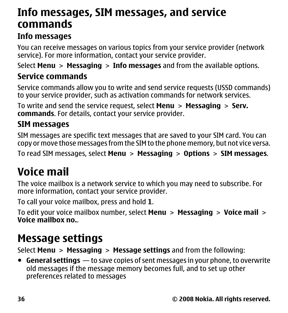 Info messages, sim messages, and service commands, Voice mail, Message settings | Info messages, sim messages, and, Service commands | Nokia 7510 Supernova User Manual | Page 36 / 160