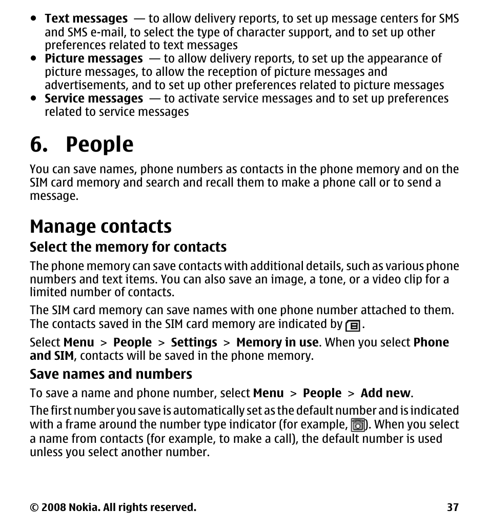 People, Manage contacts, See "manage | Contacts," p. 37 | Nokia 7510 Supernova User Manual | Page 37 / 160