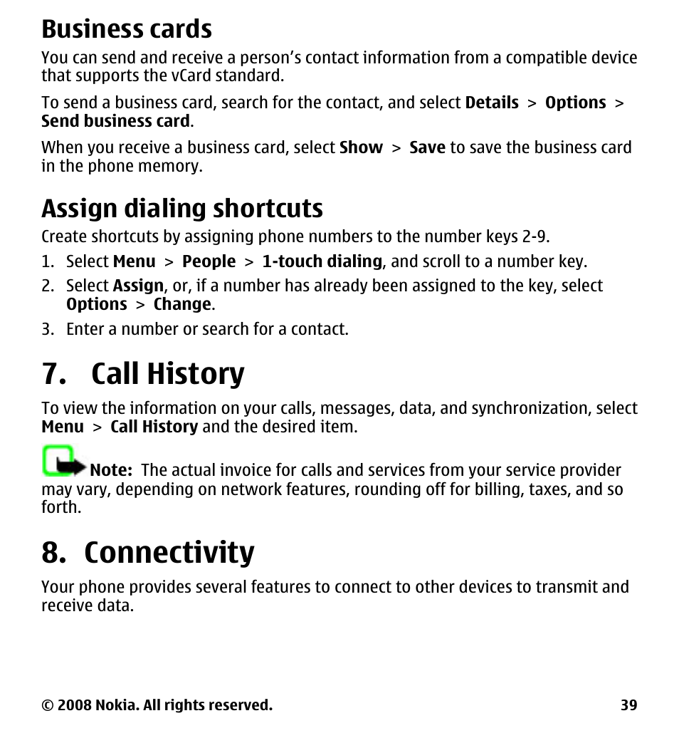 Business cards, Assign dialing shortcuts, Call history | Connectivity, Call history 8. connectivity | Nokia 7510 Supernova User Manual | Page 39 / 160