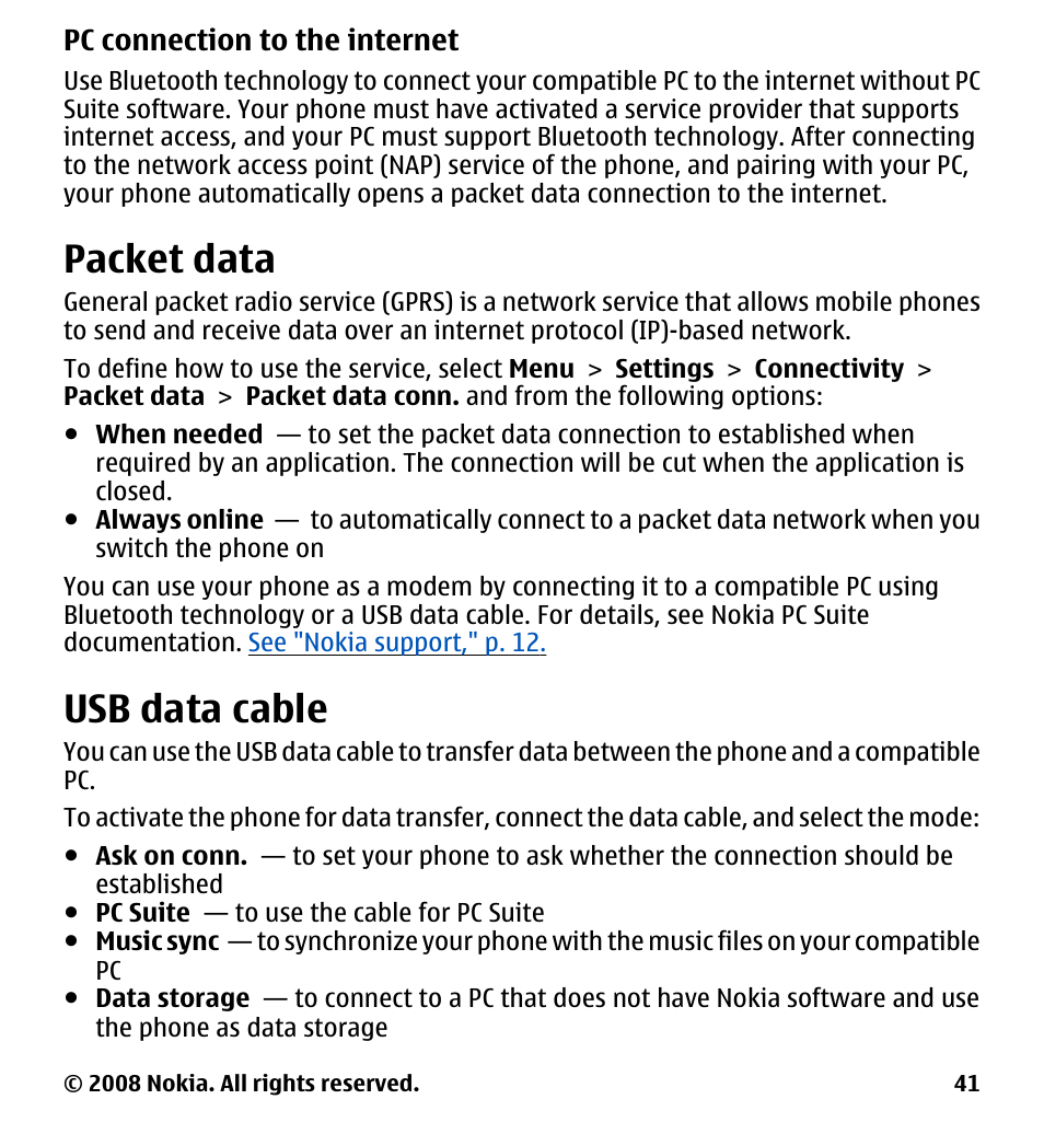 Packet data, Usb data cable | Nokia 7510 Supernova User Manual | Page 41 / 160