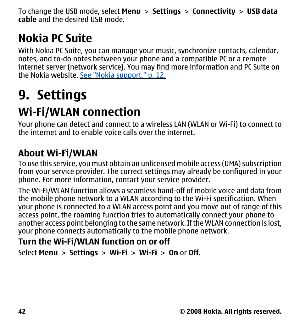 Nokia pc suite, Settings, Wi-fi/wlan connection | About wi-fi/wlan, See "wi-fi/wlan connection," p. 42 | Nokia 7510 Supernova User Manual | Page 42 / 160
