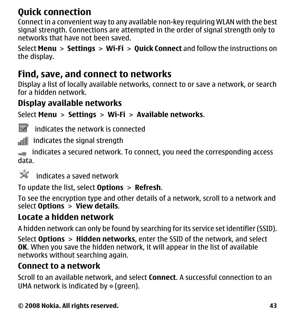 Quick connection, Find, save, and connect to networks, Find, save, and connect to | Networks | Nokia 7510 Supernova User Manual | Page 43 / 160