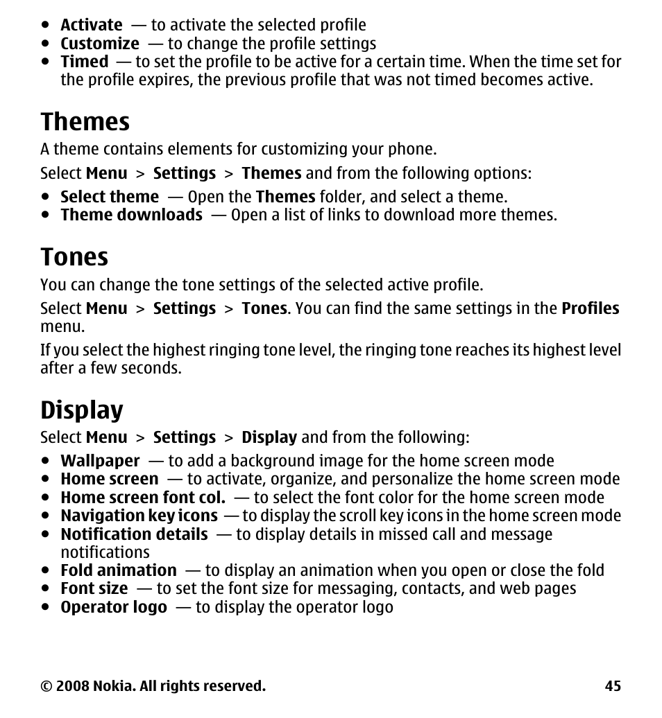 Themes, Tones, Display | Nokia 7510 Supernova User Manual | Page 45 / 160