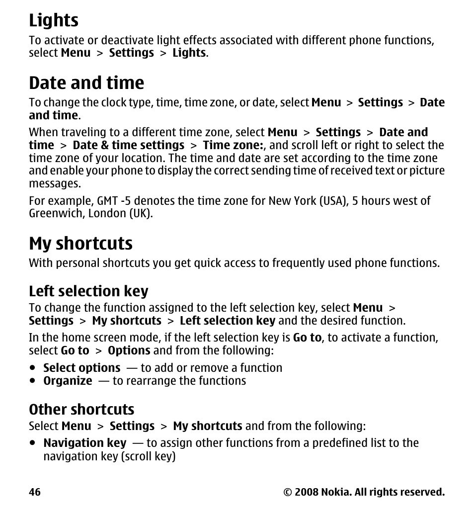 Lights, Date and time, My shortcuts | Left selection key, Other shortcuts, See "date and time," p. 46 | Nokia 7510 Supernova User Manual | Page 46 / 160